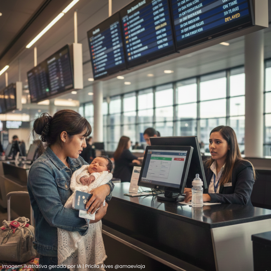 Mãe preocupada no balcão da companhia aérea com bebê recém-nascido no colo