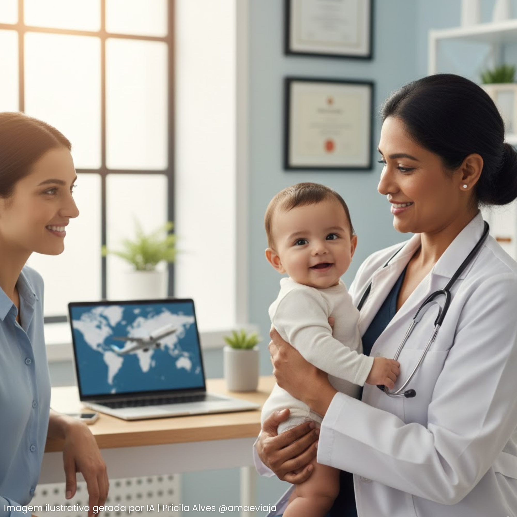 Mãe com bebê em consulta com pediatra antes de viajar