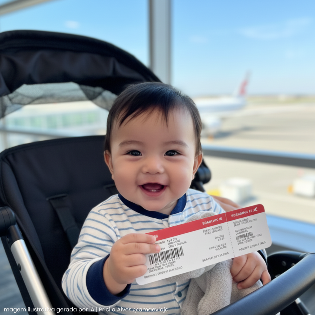 Bebê sentado no carrinho no aeroporto segurando bilhete de passagem